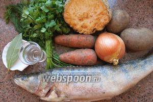 Рыба, овощи, зелень, специи (соль, перец душистый и черный горошком), лавровый лист.