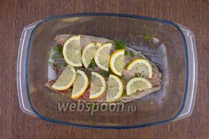 Филе 1 рыбы положить в ёмкость для маринования, кожицей вниз, посолить, приправить приправой, выложить дольки лимона и измельчённый укроп.